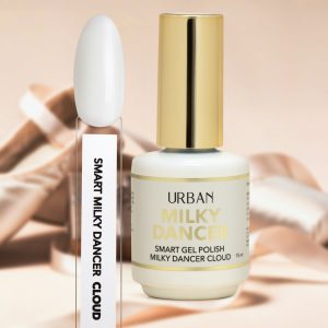 frasco e unha tip pintada com o verniz gel smart milky dancer cloud