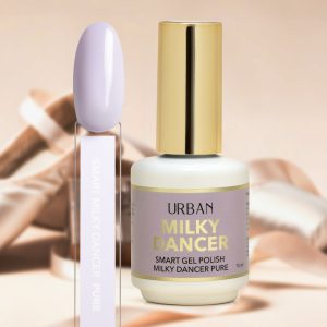 frasco e unha tip pintada com o verniz gel smart milky dancer pure