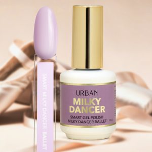 frasco e unha tip pintada com o verniz gel smart milky dancer ballet