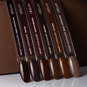 Unhas tips pintadas com as 6 cores castanhas da coleção smart chocolate