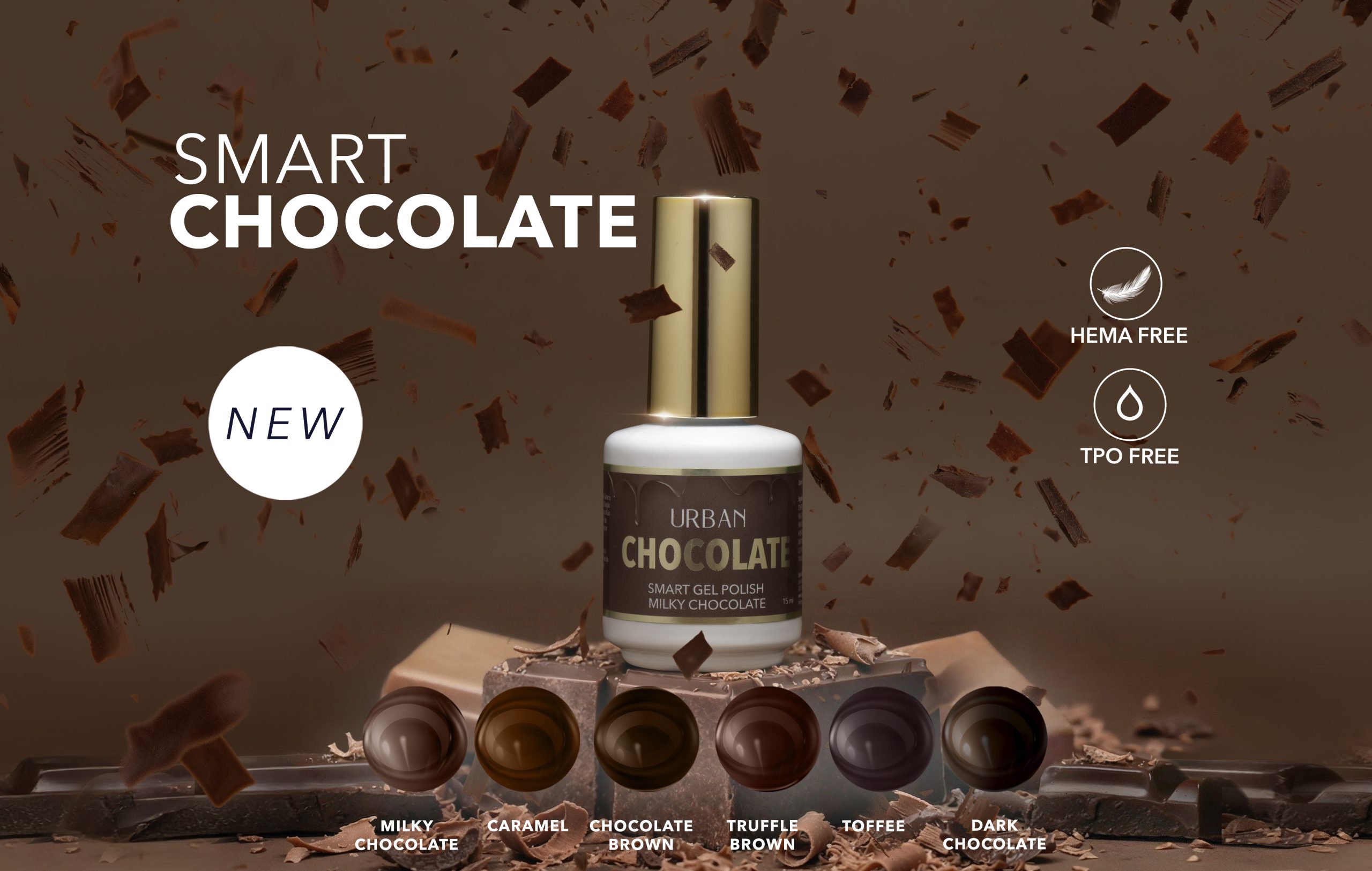 Paleta de cores coleção Smart Chocolate: Dark Chocolate, Truffle Brown, Chocolate Brown, Milky Chocolate, Caramel, Toffee