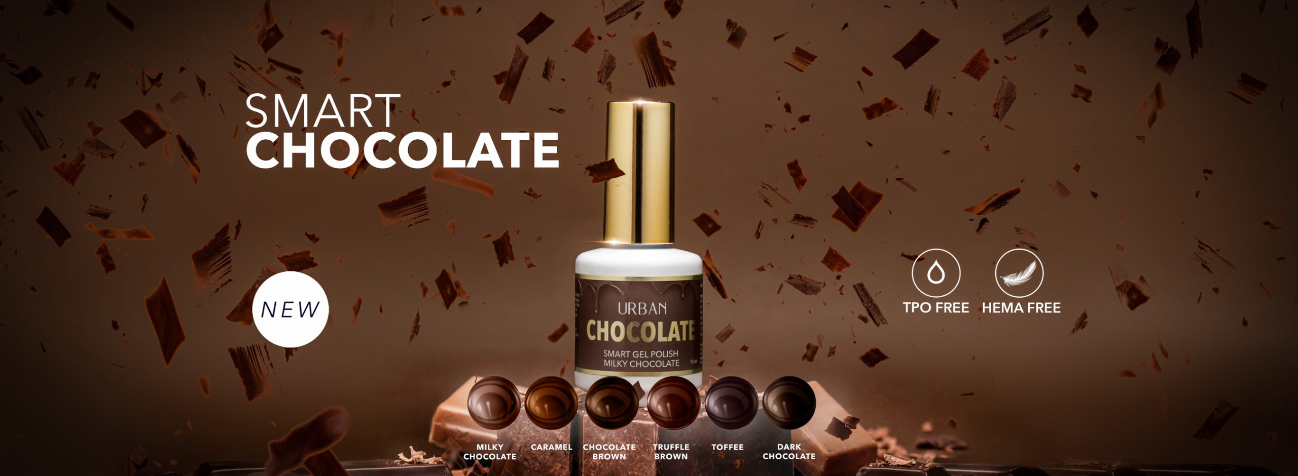 Coleção de verniz gel smart chocolate. 6 tonalidades em castanho chocolate