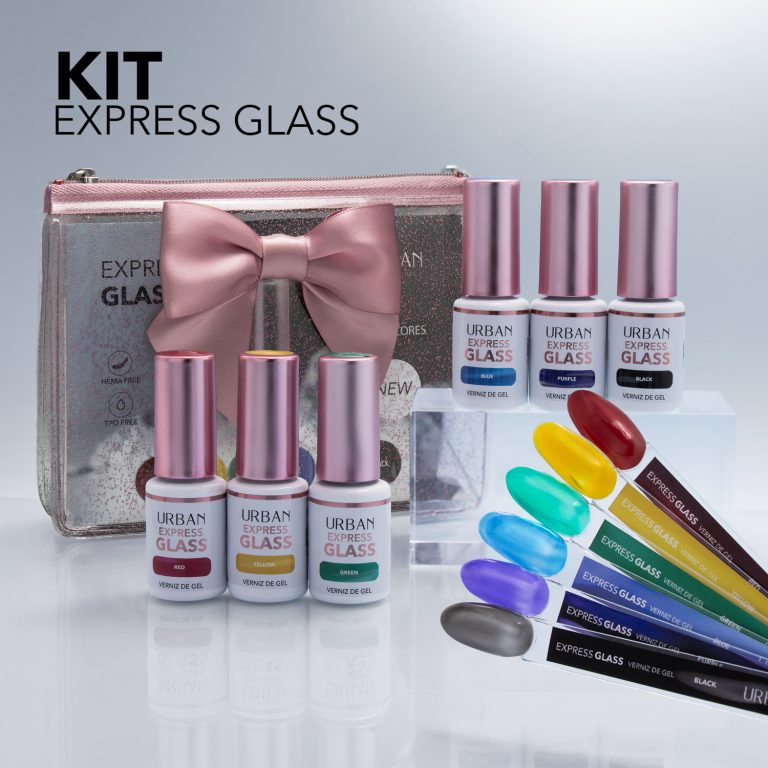 Kit Express Glass com as seis cores, unhas tips de mostruário e bolsa
